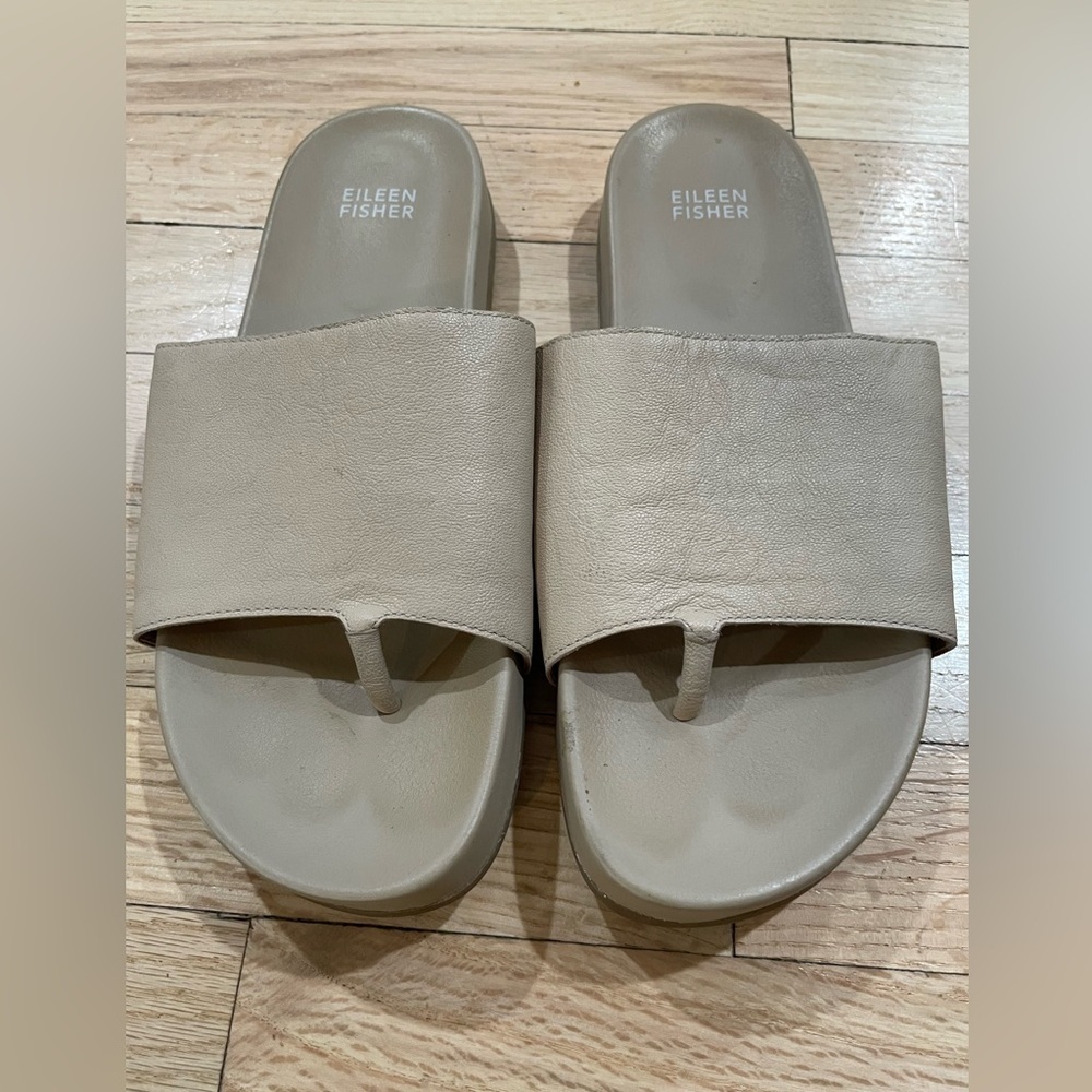 Eileen Fisher Beige Leather Slide Sandals